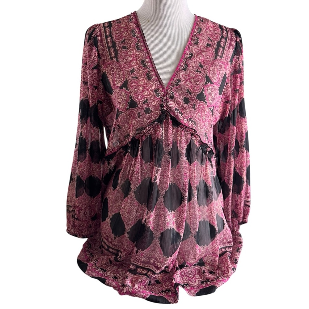 🌼5 for 25🌼 NWT Rose & Olive Pink and Black Ruffled Long Sleeve Blouse Size S